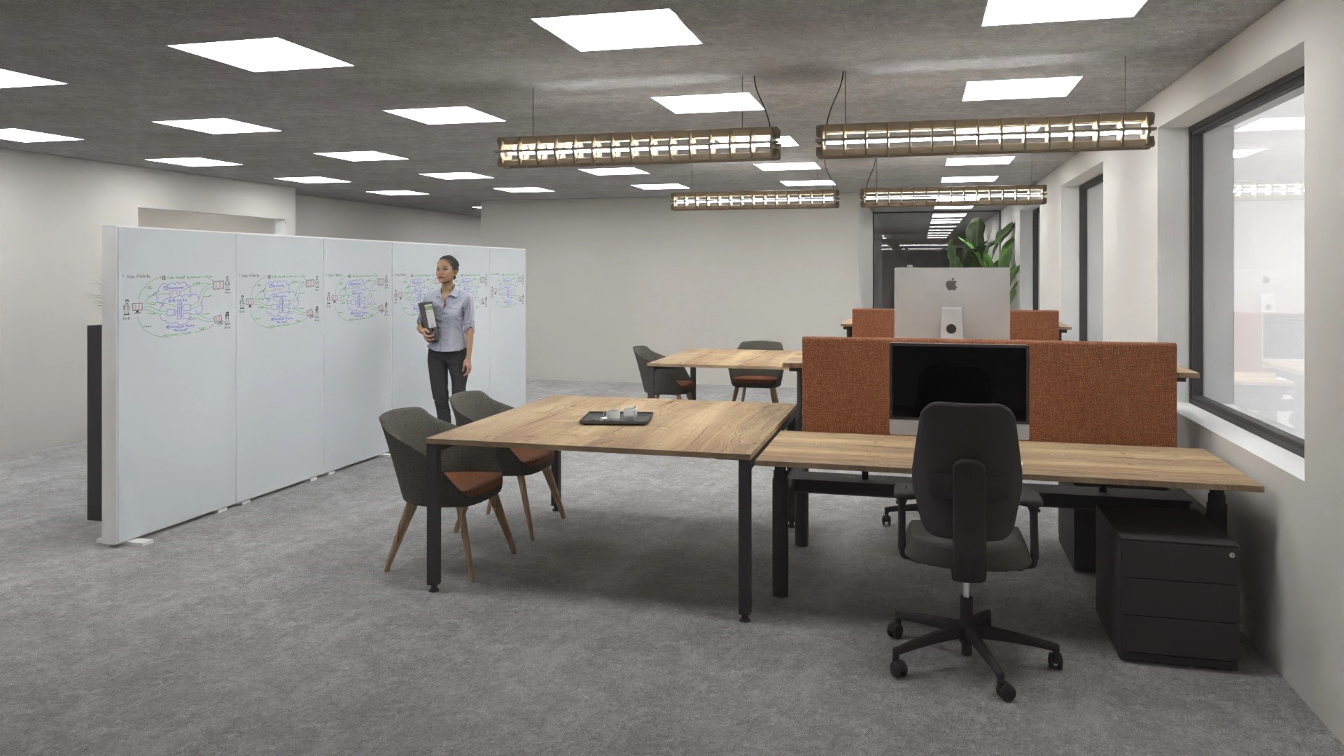 3D tekening van kantoorruimte met Writable wall, Akoestische wand met whiteboard