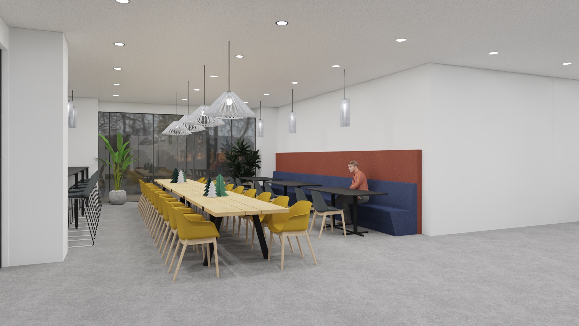3D tekening van lunchruimte op kantoor met oker gele Koda stoelen