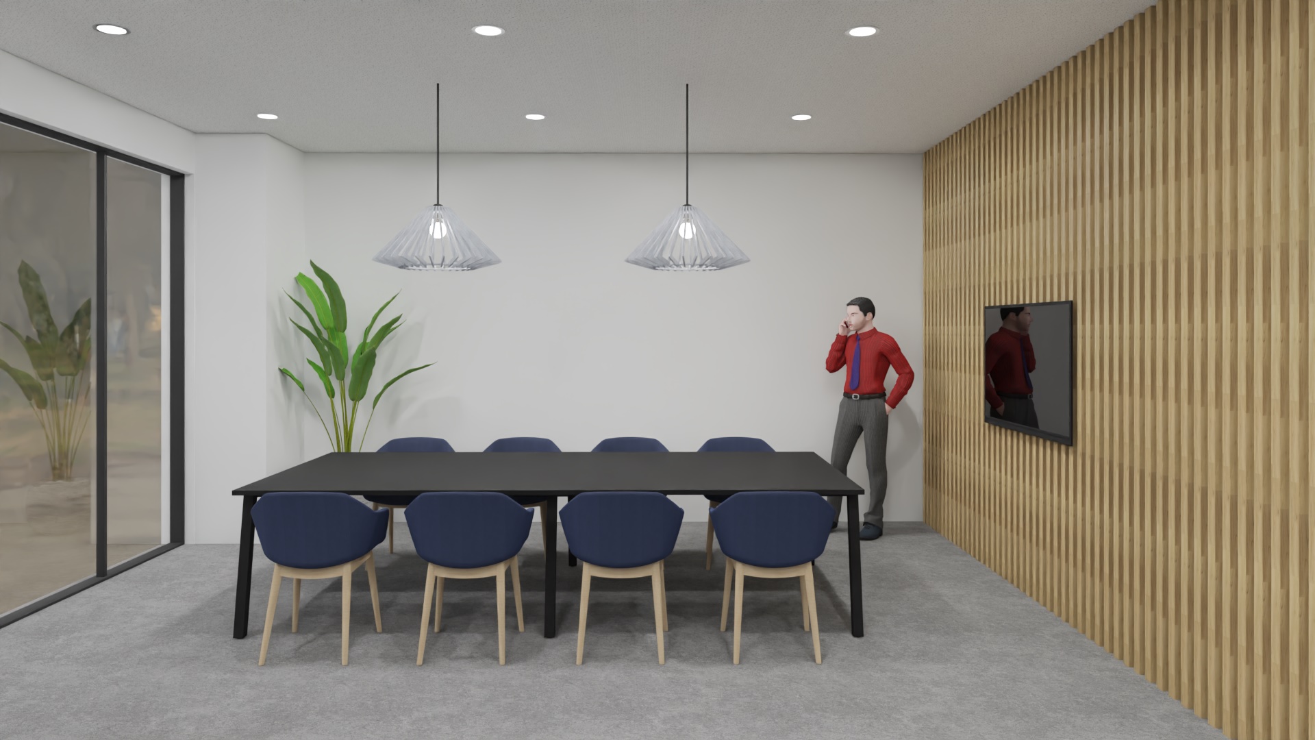 3D tekening van vergaderruimte met blauwe Koda stoelen