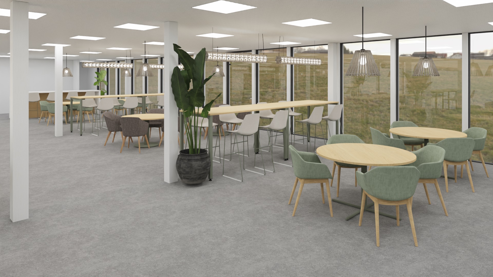 3D tekening van lunchruimte op kantoor met Tubular tafels en groene Koda stoelen
