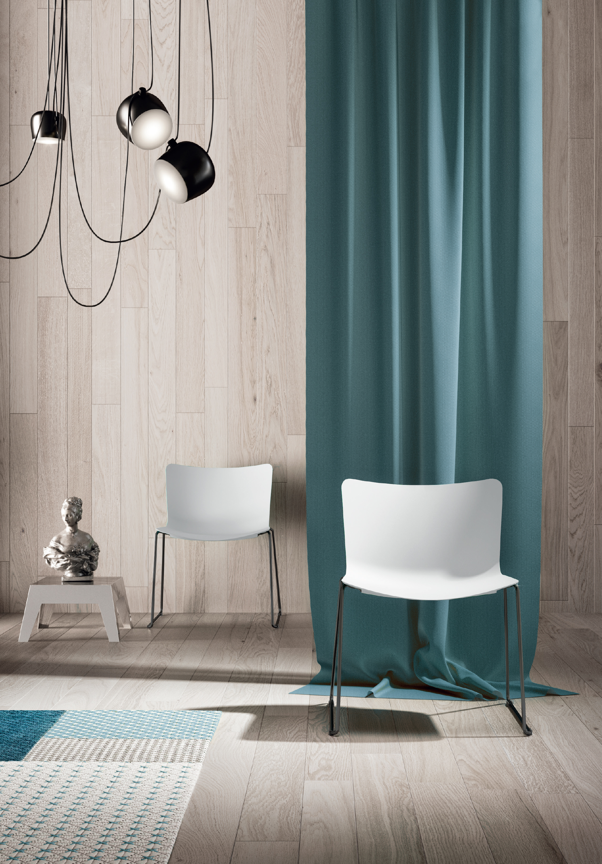 Trendy interieur met blauw gordijn en witte Sonja stoelen
